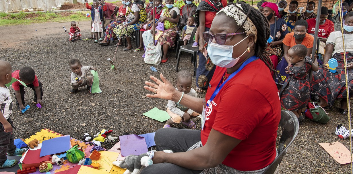 Cathy Cheonga interacting with patients at the child life station during a 2022 Operation Smile Malawi surgical program.