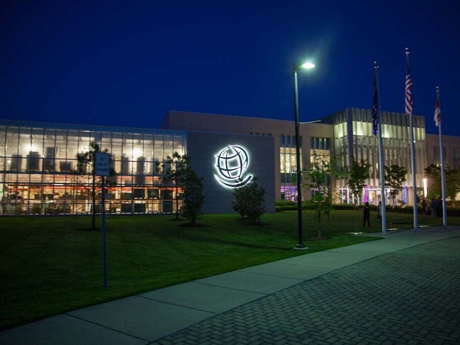 Operation Smile headquarters in Virginia Beach, Virginia, lit up at night.