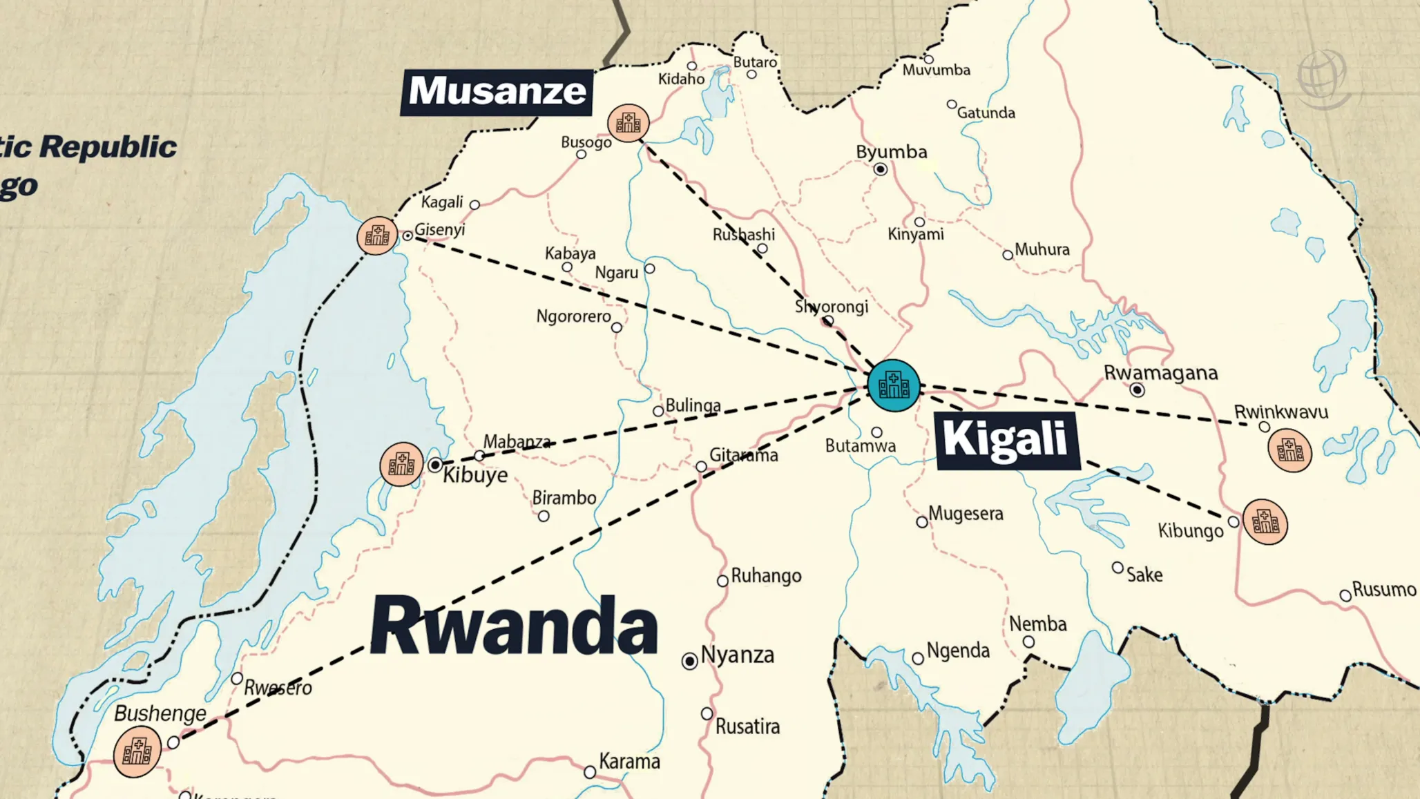 Map of Rwanda with hub and spoke hospitals noted.
