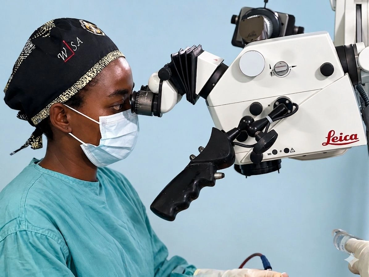 A healthcare provider looks through a lens.